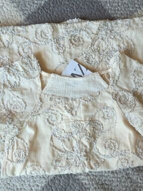 Cream Embroidered Girls Dress with Textured Neckline
